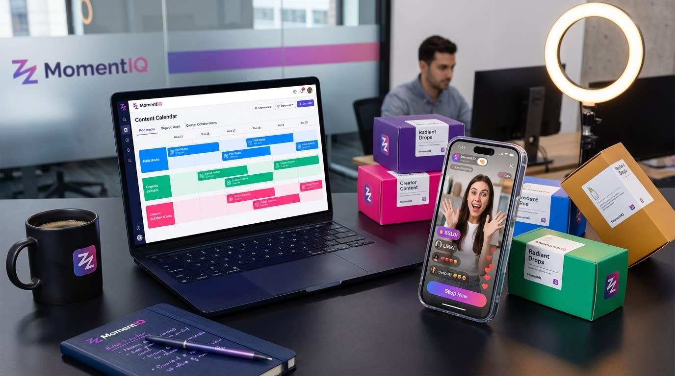 Flat lay of a TikTok Shop content calendar, branded packaging, and phone showing reviews