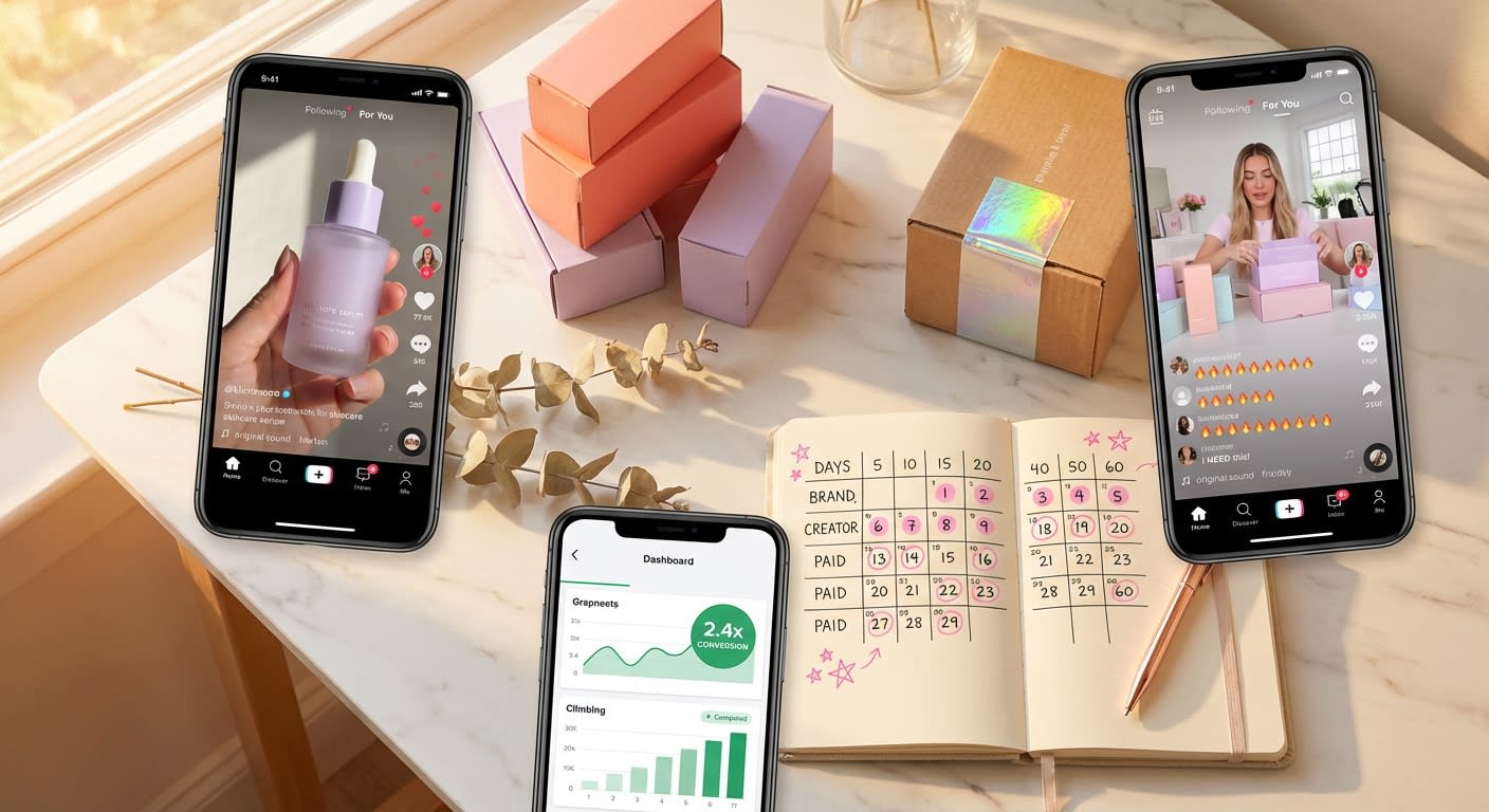 Flat lay of three phones showing synchronized TikTok Shop brand content creator videos and paid ads dashboard with products and branded packaging