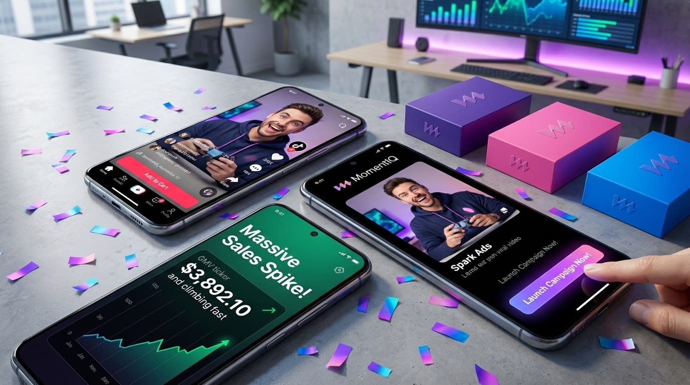 Flat lay showing a viral TikTok Shop creator video immediately amplified with Spark Ads