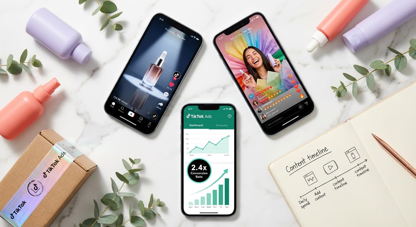 Flat lay of three phones showing synchronized TikTok Shop brand content creator videos and paid ads dashboard with products and branded packaging