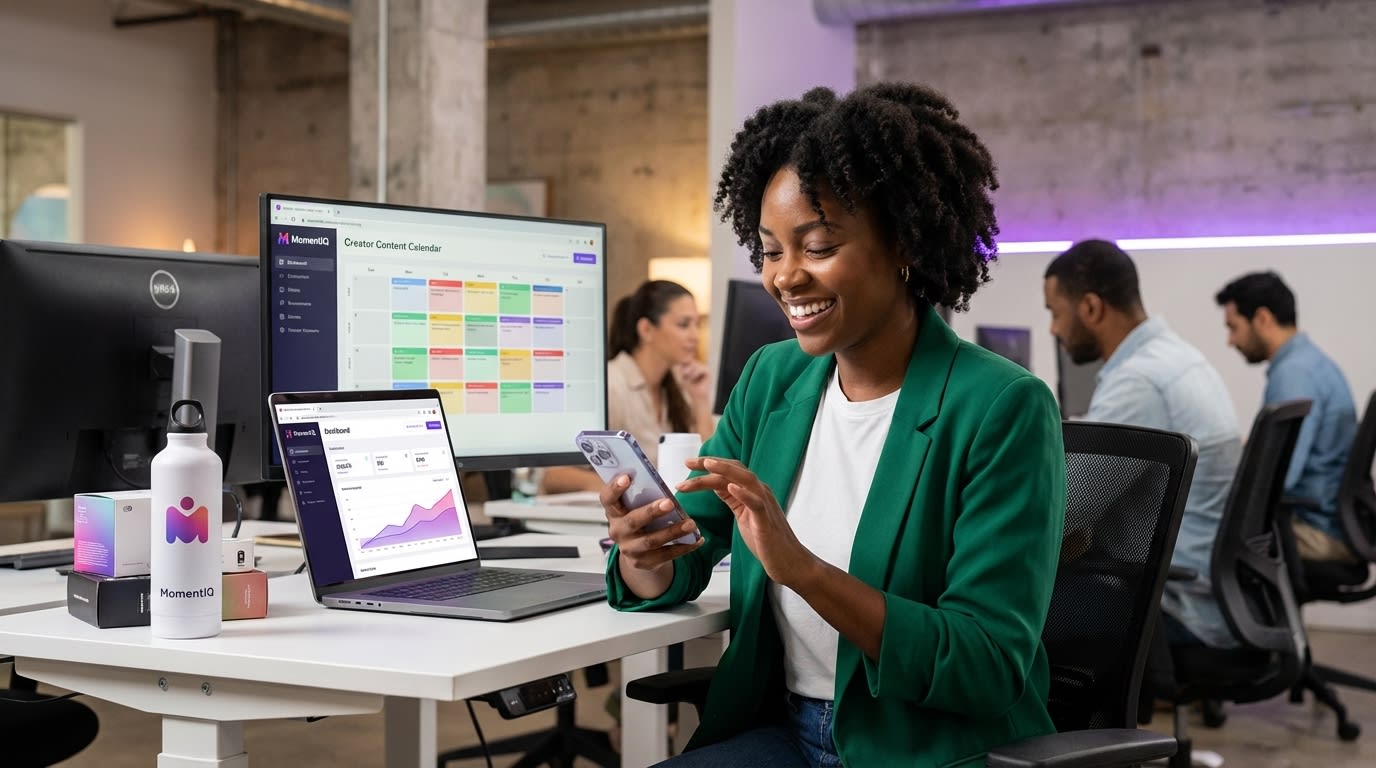 Proud entrepreneur viewing a TikTok Shop product page full of glowing creator reviews