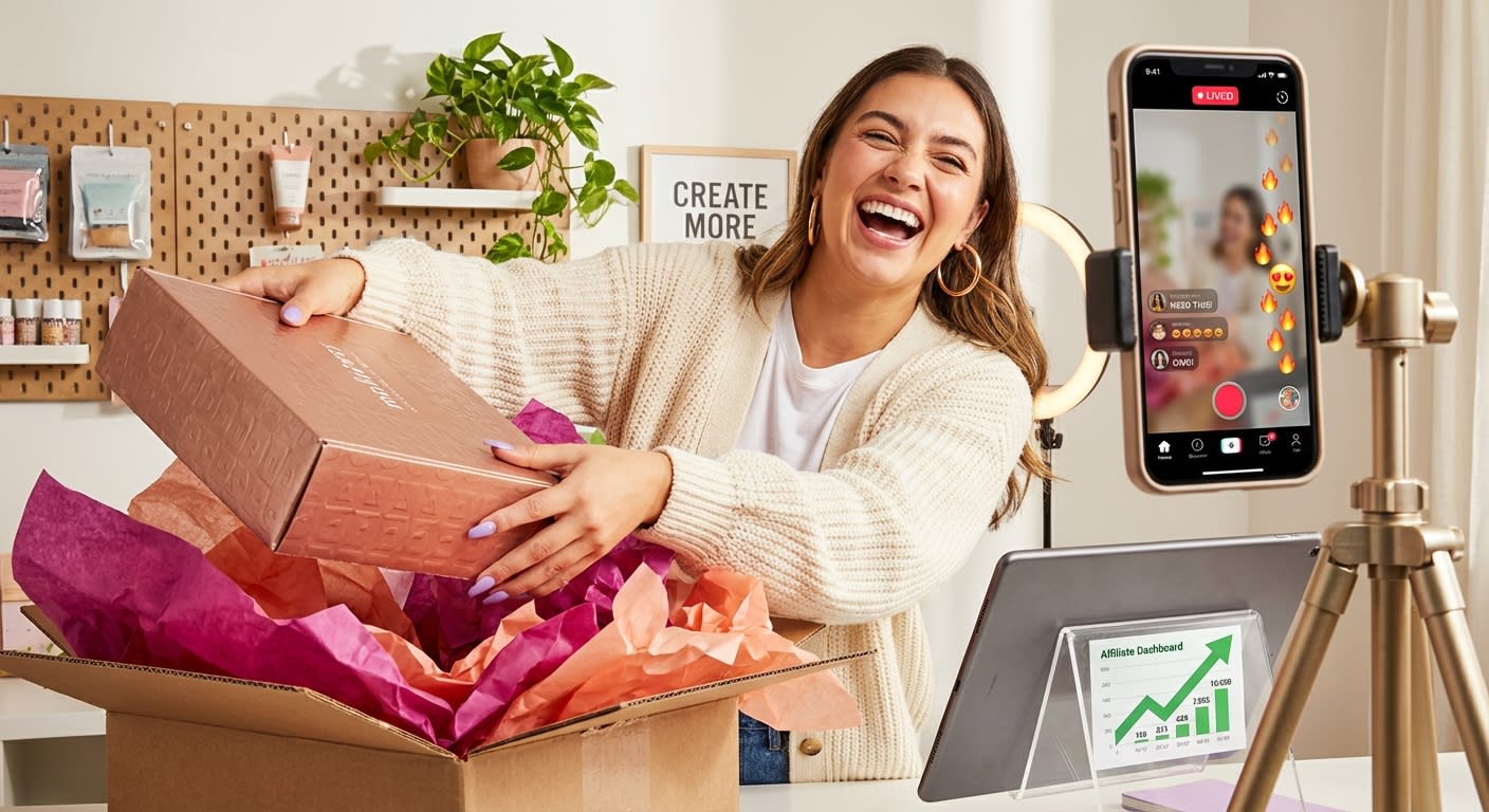 TikTok Shop creator excitedly unboxing a product, aligning content with brand's promotional calendar