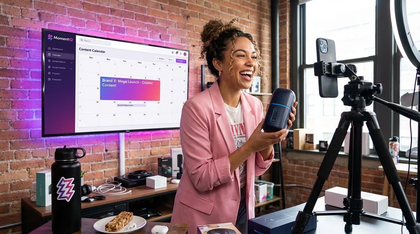 TikTok Shop creator excitedly unboxing a product, aligning content with brand's promotional calendar