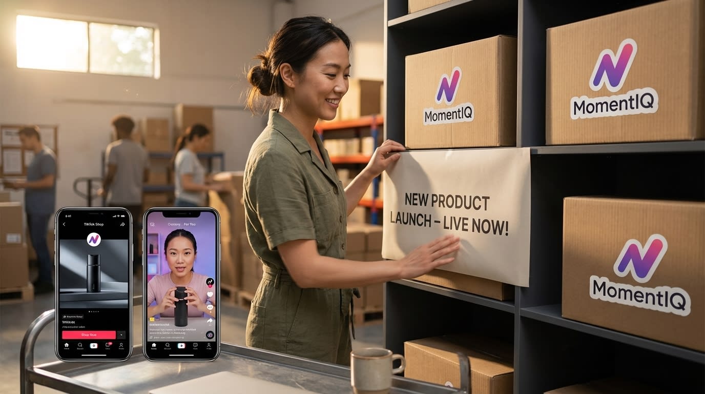 Warehouse scene showing a new TikTok Shop product launch with simultaneous brand and creator content