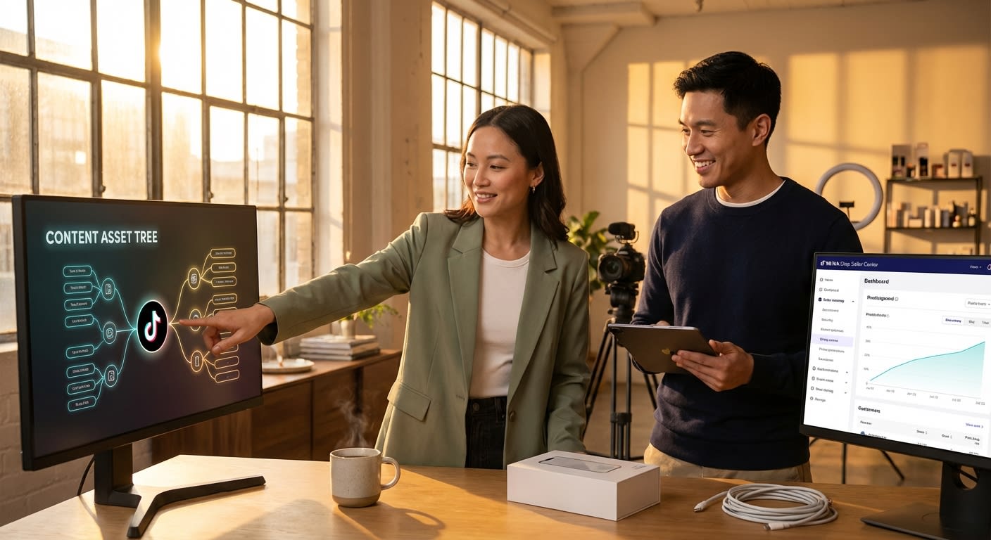 Brand team confidently reviewing a TikTok Shop content repurposing framework on a large screen with upward-trending revenue dashboard