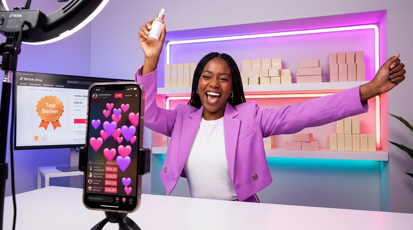 Creator hosting energetic TikTok Shop LIVE session with heart emojis and sold notifications