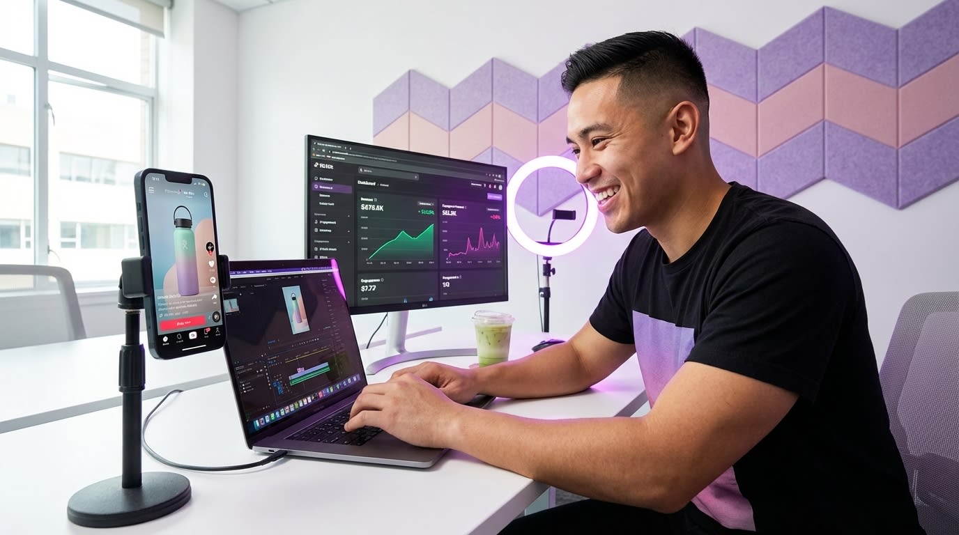 Editor transforming TikTok Shop hero product video into short-form hook variation on laptop