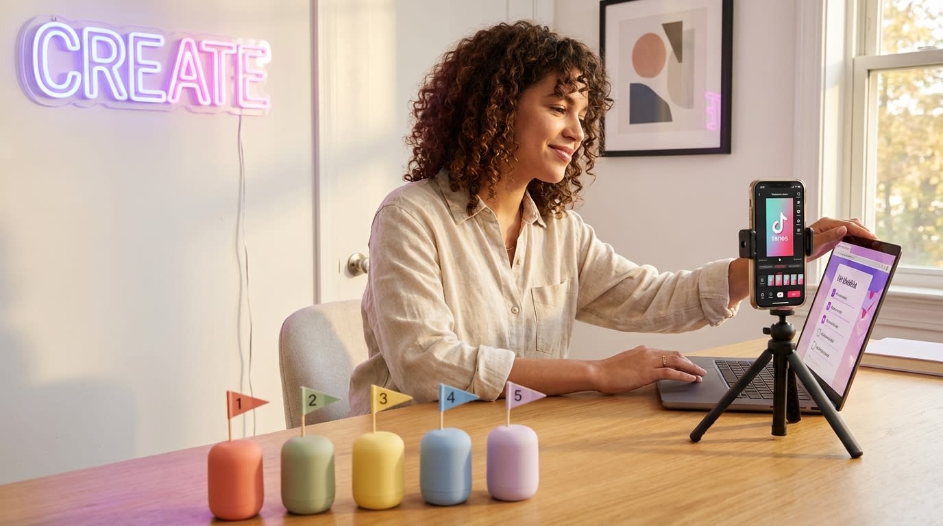 Organized TikTok Shop creator studio with phone tripod ring light and five numbered product samples