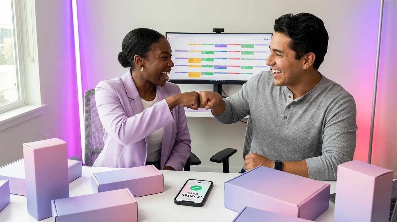 Team members celebrating completed TikTok Shop content repurposing calendar with fist bump