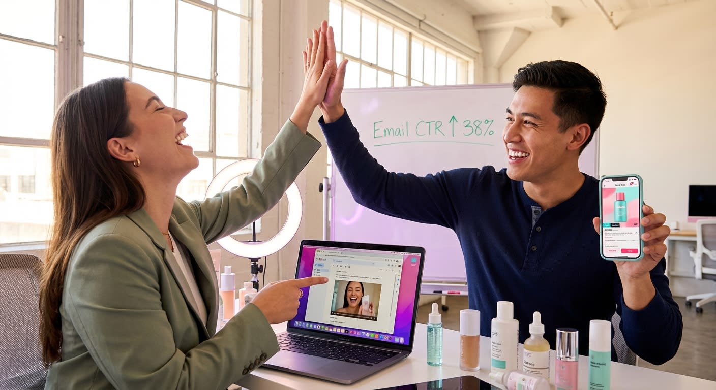 Team members joyfully comparing TikTok Shop product video with email marketing GIF assets showing improved click-through rates