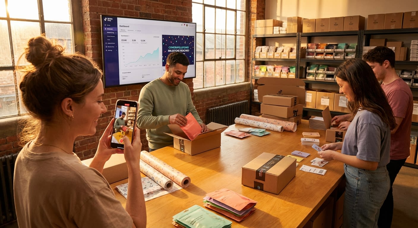 Thriving TikTok Shop fulfillment team packing branded orders with GMV milestone dashboard displayed in organized warehouse