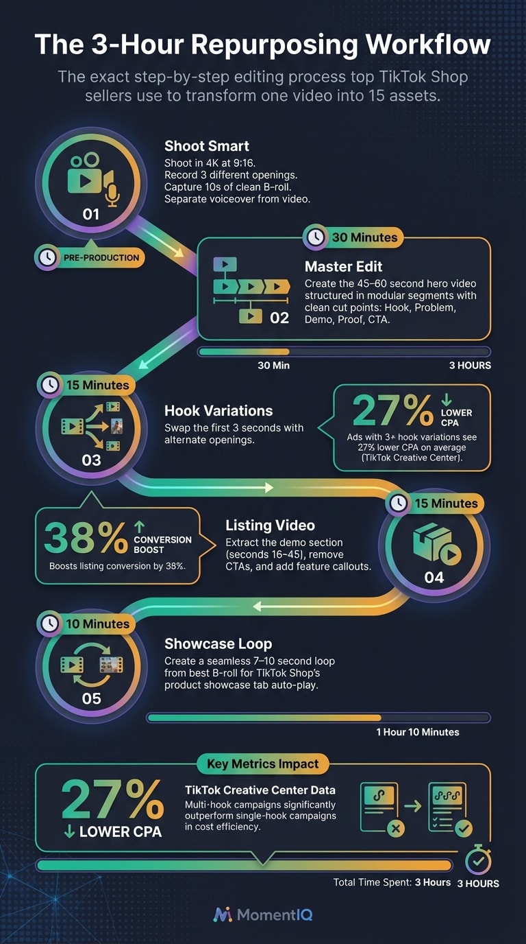 Process flow infographic detailing the 5-step TikTok Shop content repurposing workflow from pre-production through showcase loop creation, with time estimates totaling under 3 hours and key performance metrics including 27% lower CPA and 38% higher conversion rate