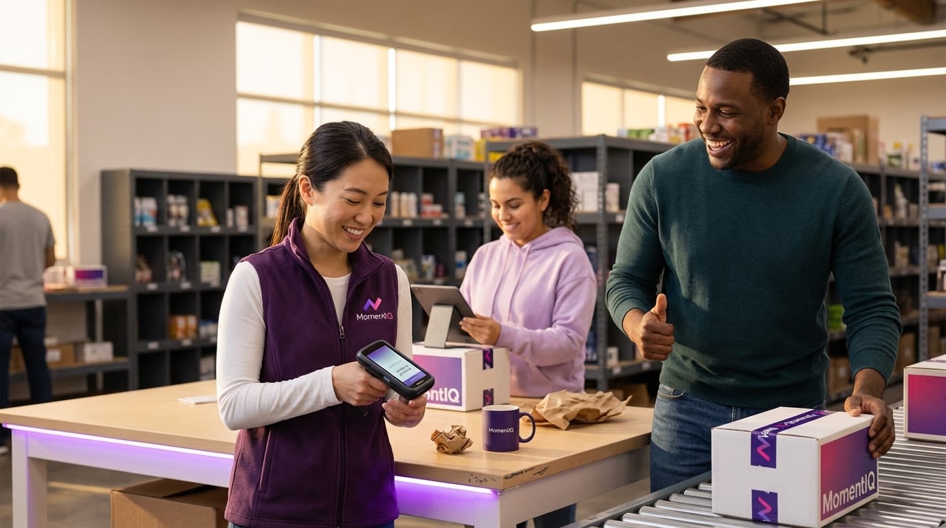 Aspirational shot of a bustling, modern warehouse fulfilling high-volume TikTok Shop orders