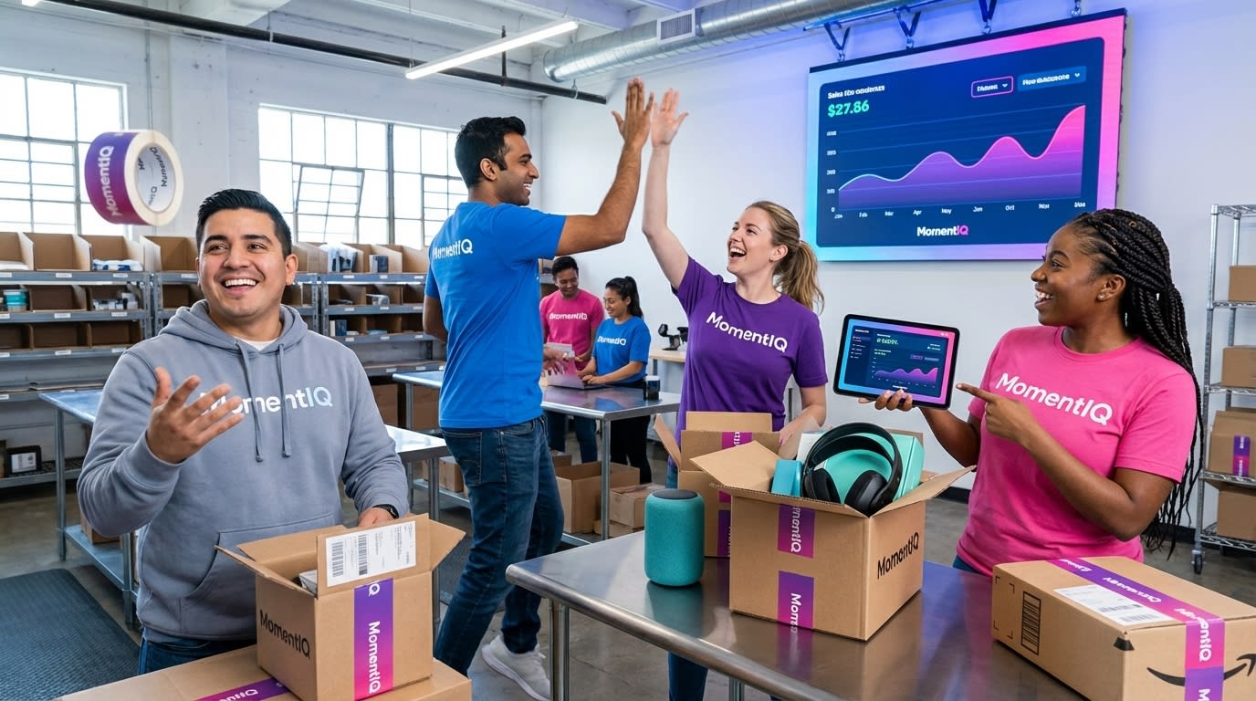 Cheerful fulfillment team preparing bundled TikTok Shop orders for shipping
