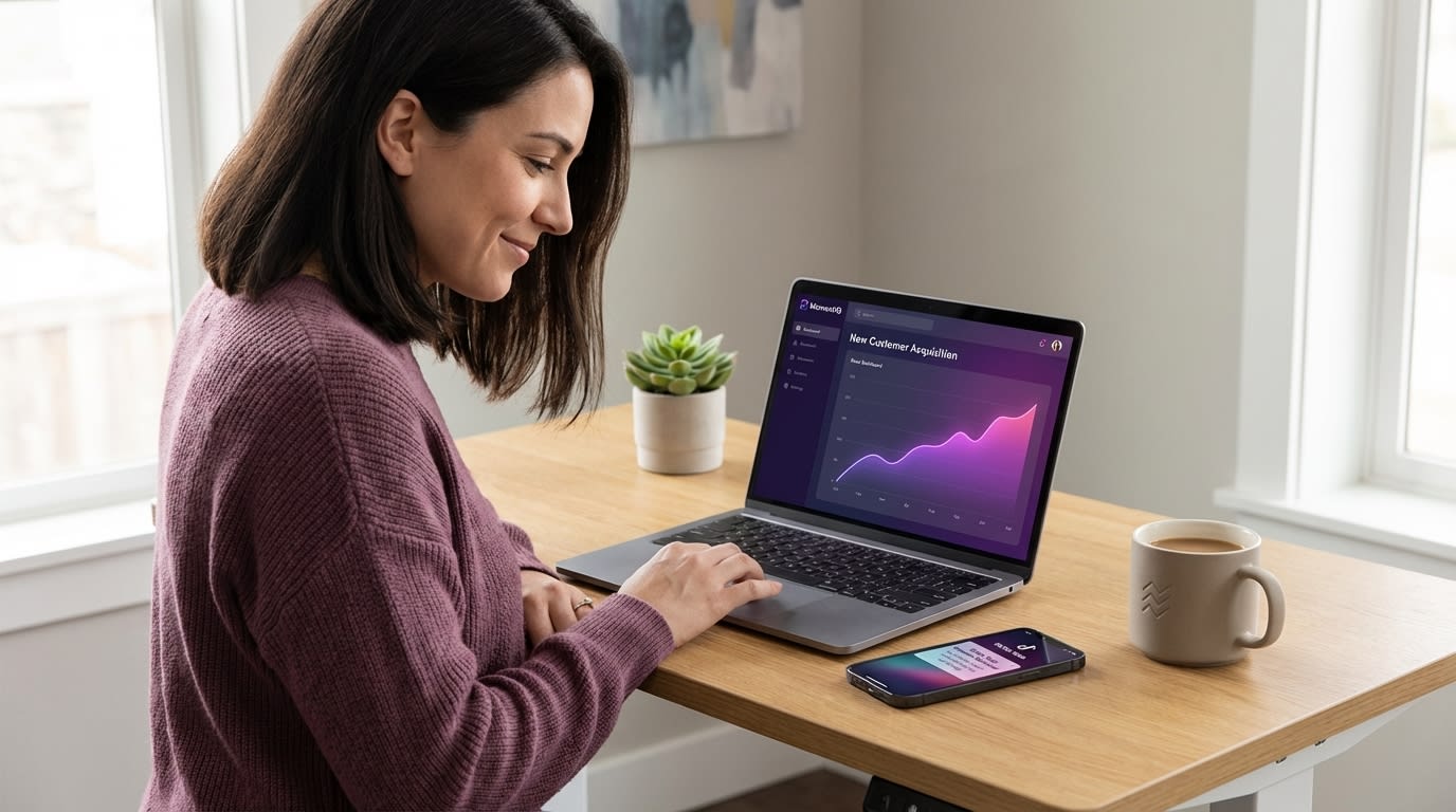Confident brand owner reviewing positive new customer acquisition metrics on TikTok Shop