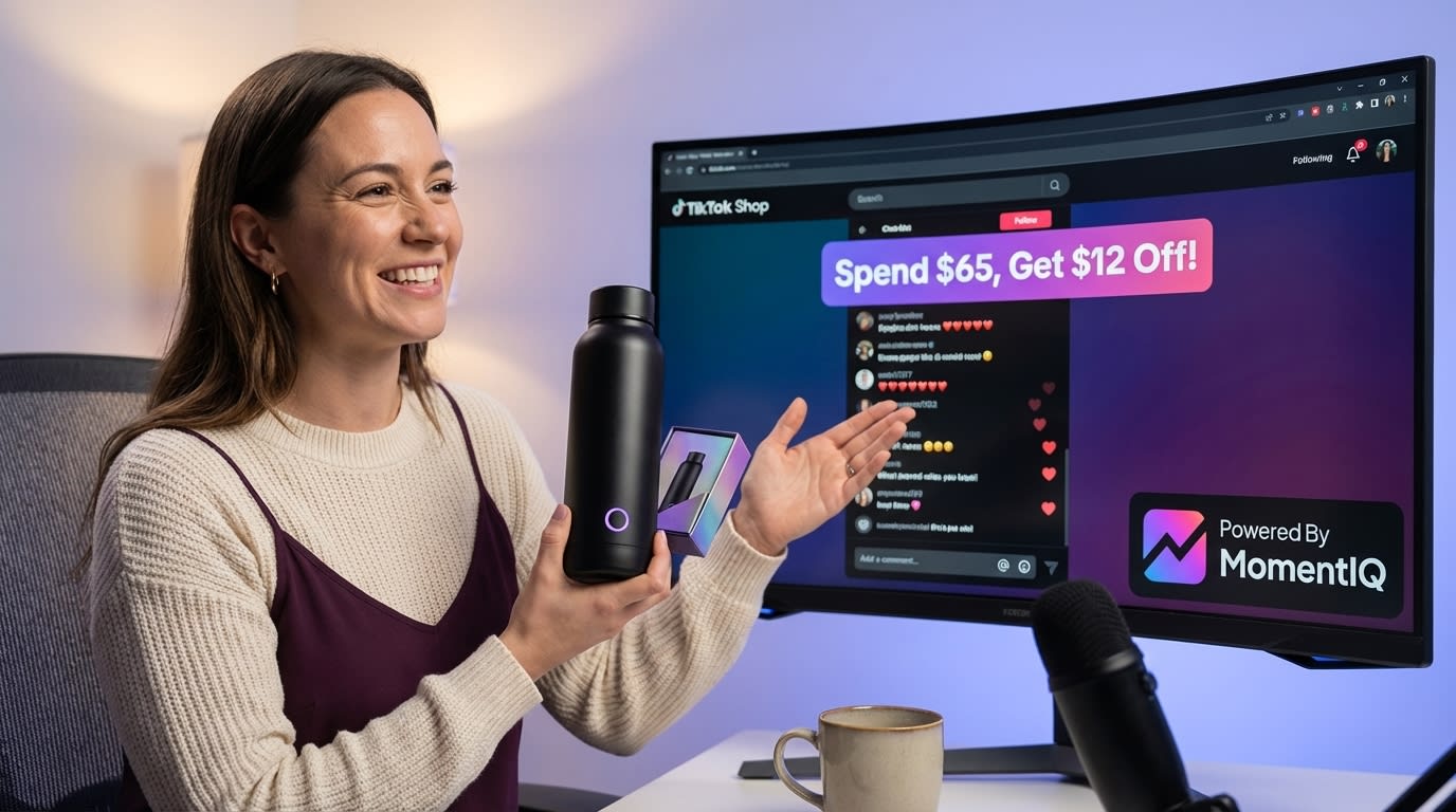 Energetic TikTok Shop live shopping host presenting products with a threshold coupon