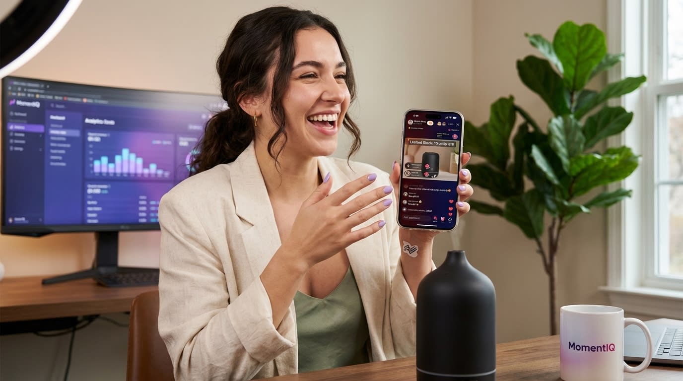 Excited TikTok Shop live host during a limited-time offer flash sale