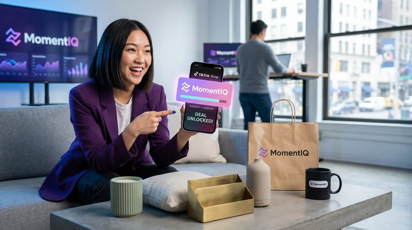 Happy shopper discovering TikTok Shop threshold coupon savings on her phone with curated home goods products on display