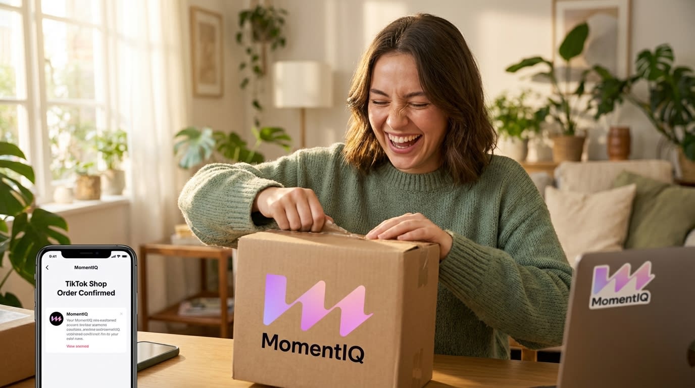 Joyful customer unboxing her first TikTok Shop purchase with a personalized note