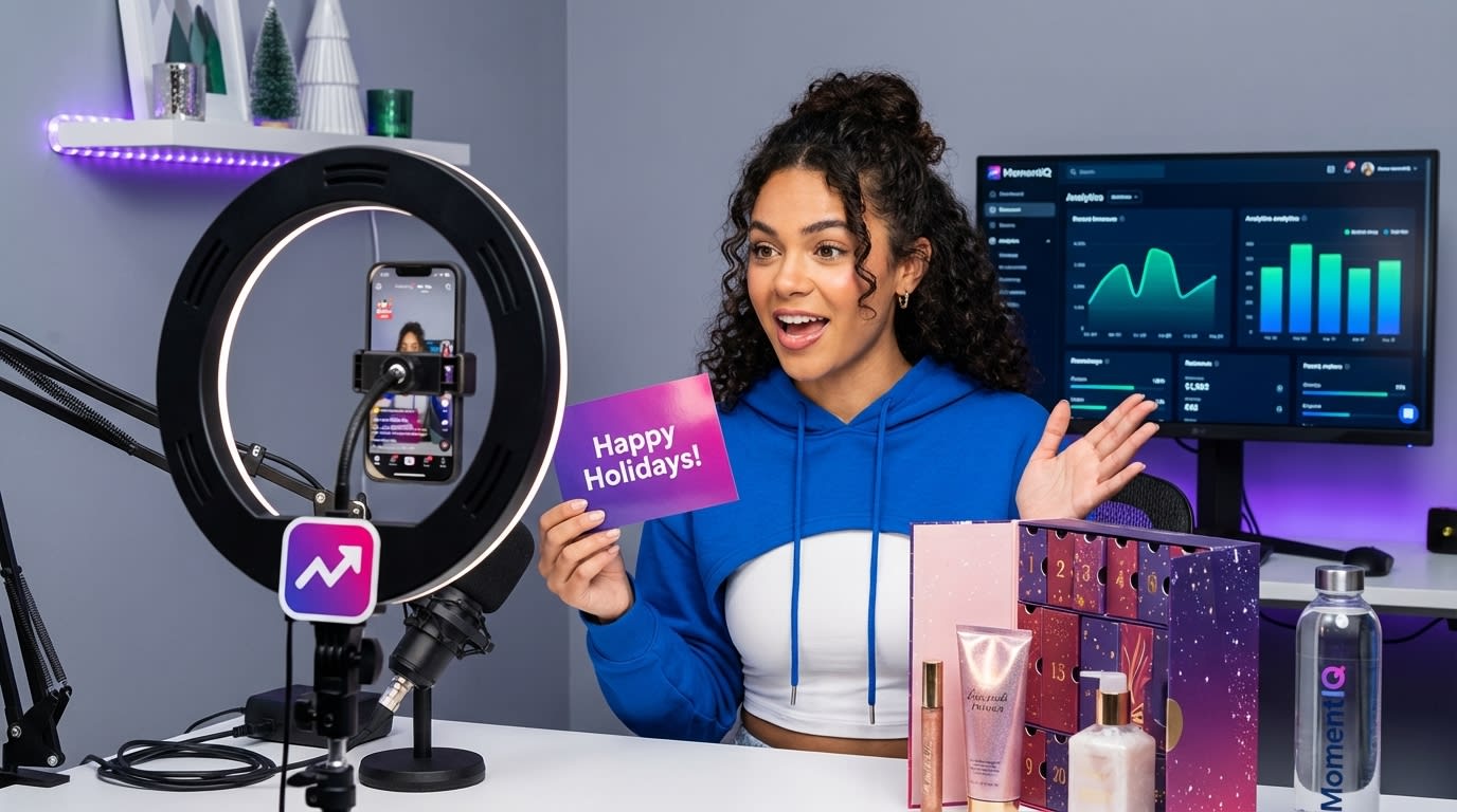 Joyful TikTok Shop creator unboxing a festive seasonal product for a promotion