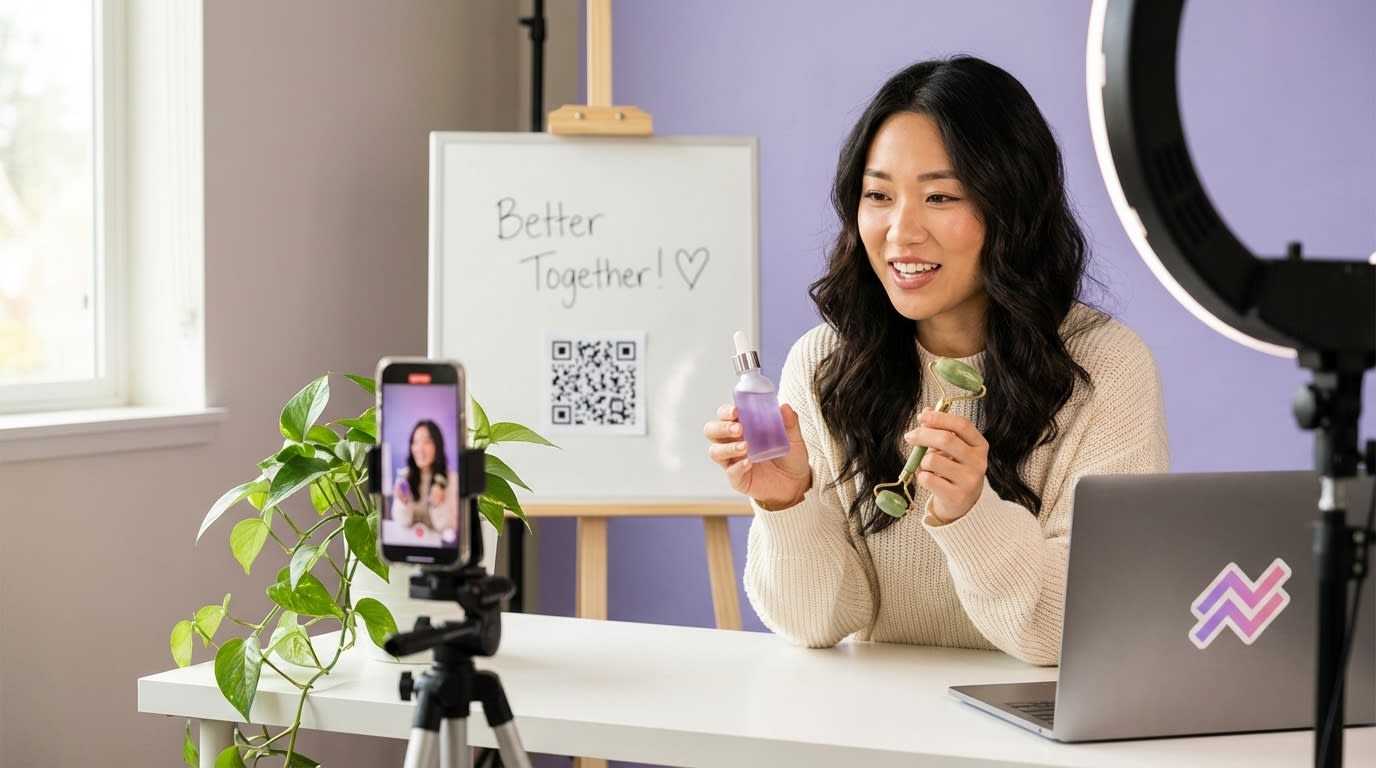 Happy TikTok Shop creator demonstrating complementary products for a bundle promotion