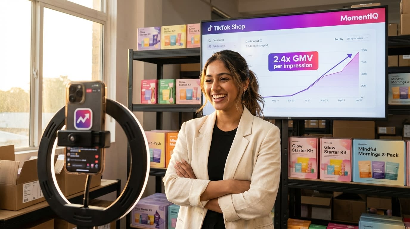 Successful TikTok Shop entrepreneur standing proudly in front of organized bundled product inventory with GMV growth dashboard