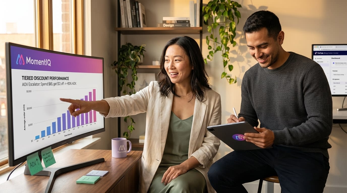 TikTok Shop team reviewing creator code attribution dashboard showing AOV lift and conversion data for exclusive discount codes