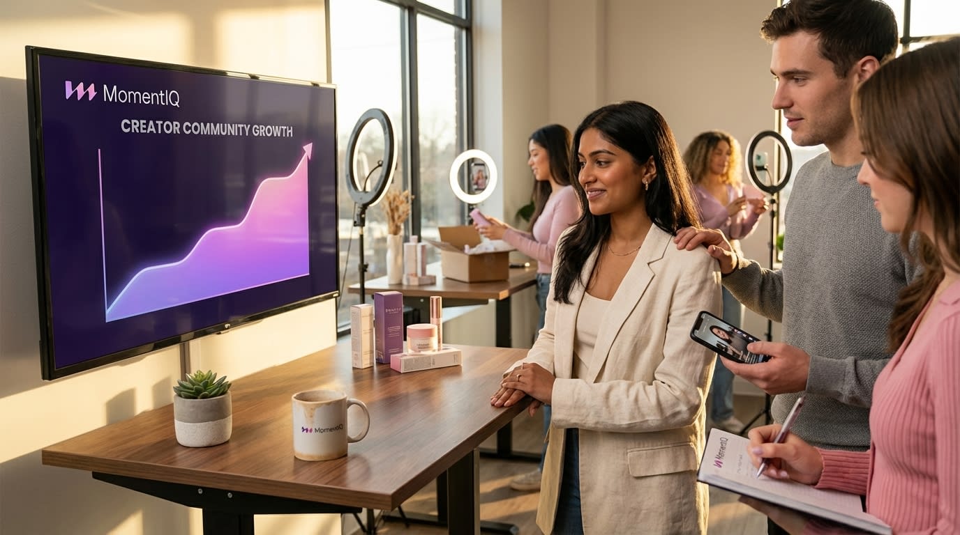 Aspirational shot of a thriving TikTok Shop HQ with team celebrating growth and creators filming content.
