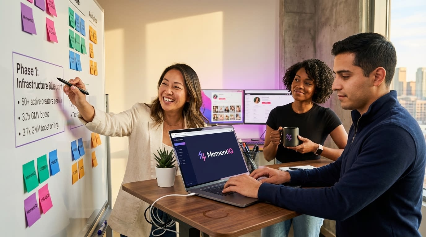 Brand team enthusiastically planning TikTok Shop ambassador program infrastructure on a whiteboard.