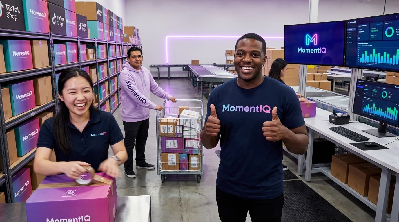 Cheerful warehouse team proudly standing with stacks of branded TikTok Shop shipping boxes.