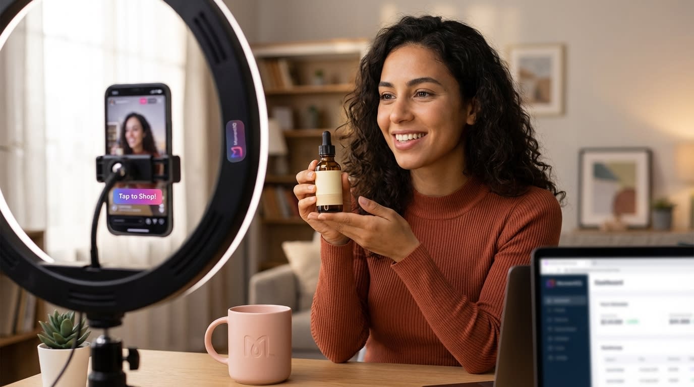 Confident TikTok Shop creator presenting product on live stream with a standardized brief on a tablet.