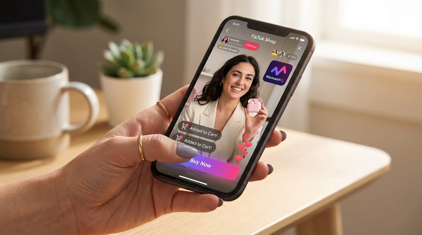 Hand scrolling through an energetic TikTok Shop live stream with heart emojis and 'Added to Cart!' notifications.