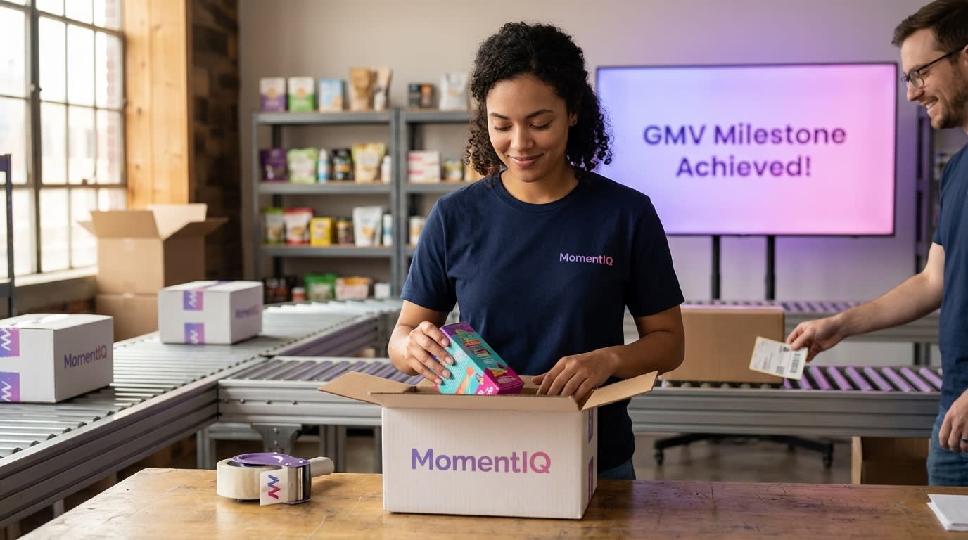 Aspirational wide shot of a bustling fulfillment center with workers packing TikTok Shop orders, celebrating a GMV milestone on a digital screen.
