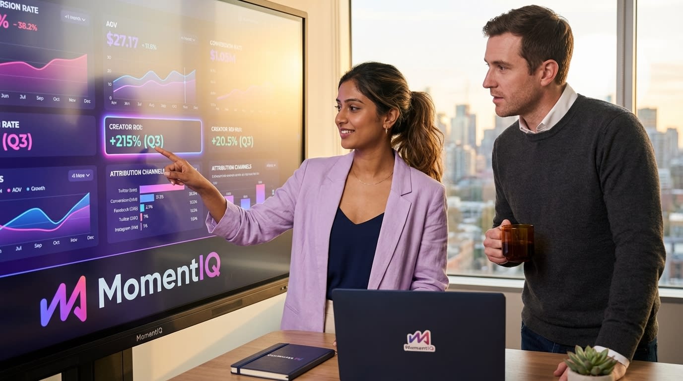 Brand strategist confidently reviewing a TikTok Shop creator performance dashboard showing real-time conversion rates and attribution data.