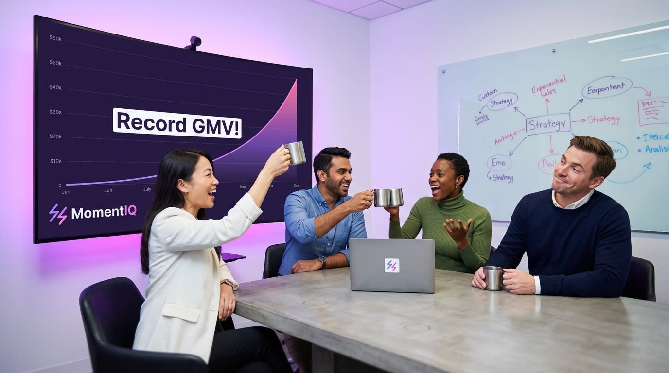 Diverse brand team celebrating 'Record GMV!' on a TikTok Shop sales graph, raising coffee cups in a modern conference room.