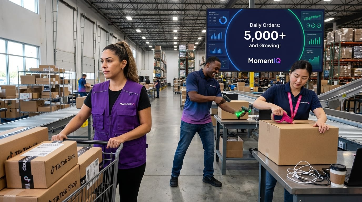 Energetic wide shot of a bustling fulfillment center with workers processing TikTok Shop orders, showing '5,000+ Daily Orders' on a screen.