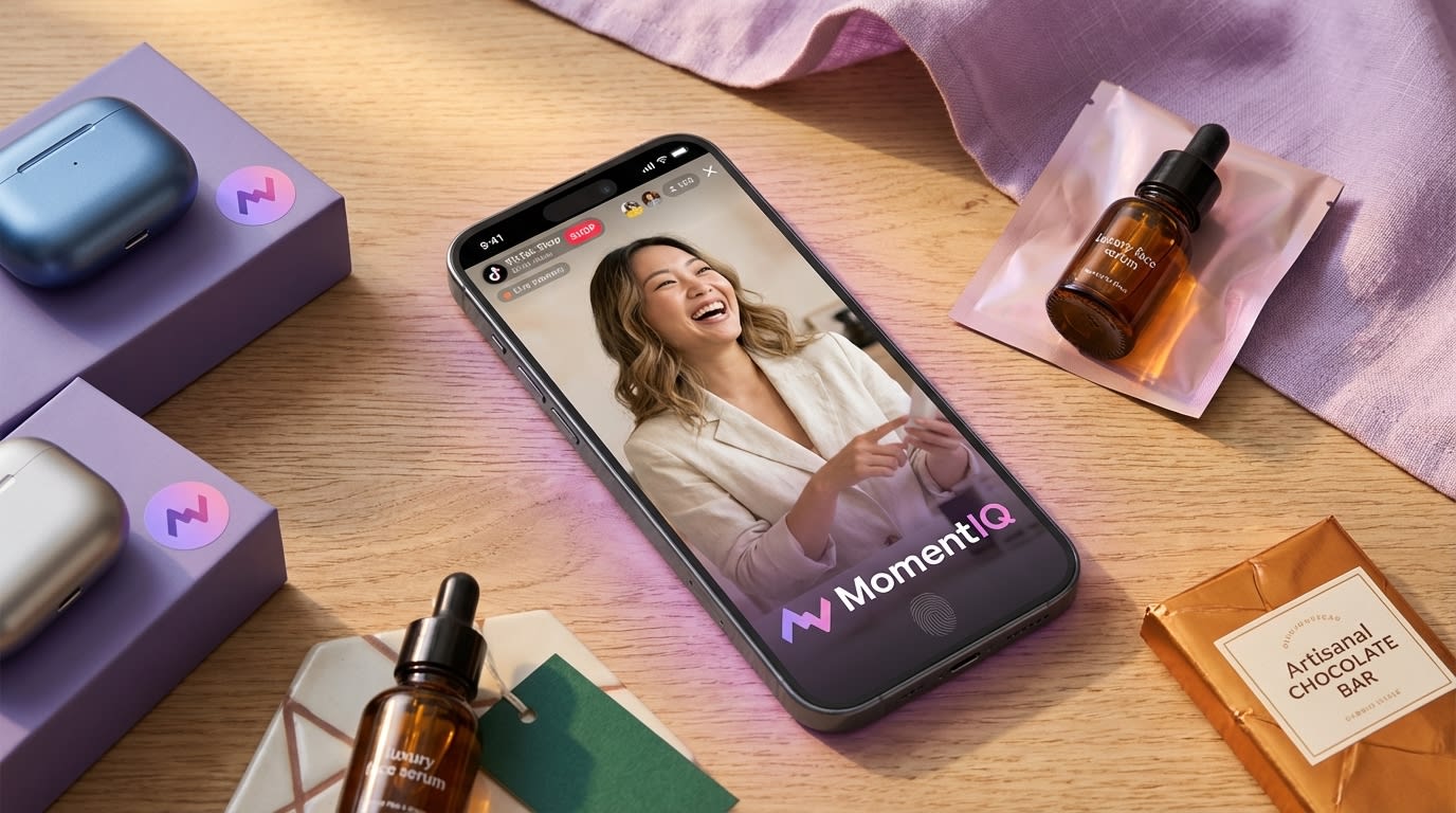 Flat lay of a phone showing a TikTok Shop live stream surrounded by diverse miniature products and branded packaging, highlighting innovative commerce.