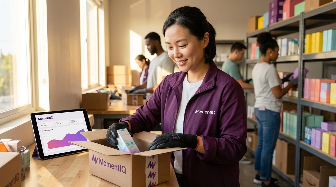 Smiling warehouse worker efficiently packing colorful, branded TikTok Shop products into custom shipping boxes in an organized warehouse.