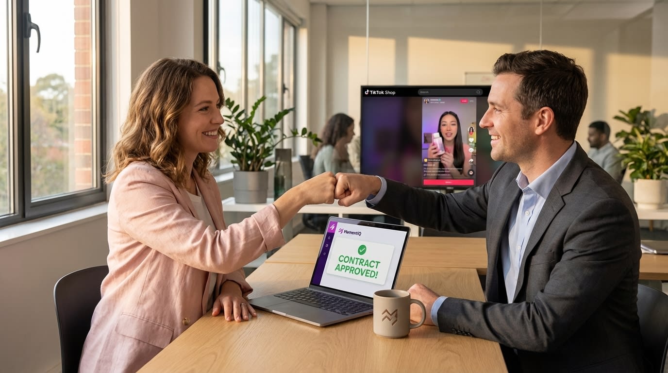 Brand manager and legal advisor celebrating an approved TikTok Shop creator contract.