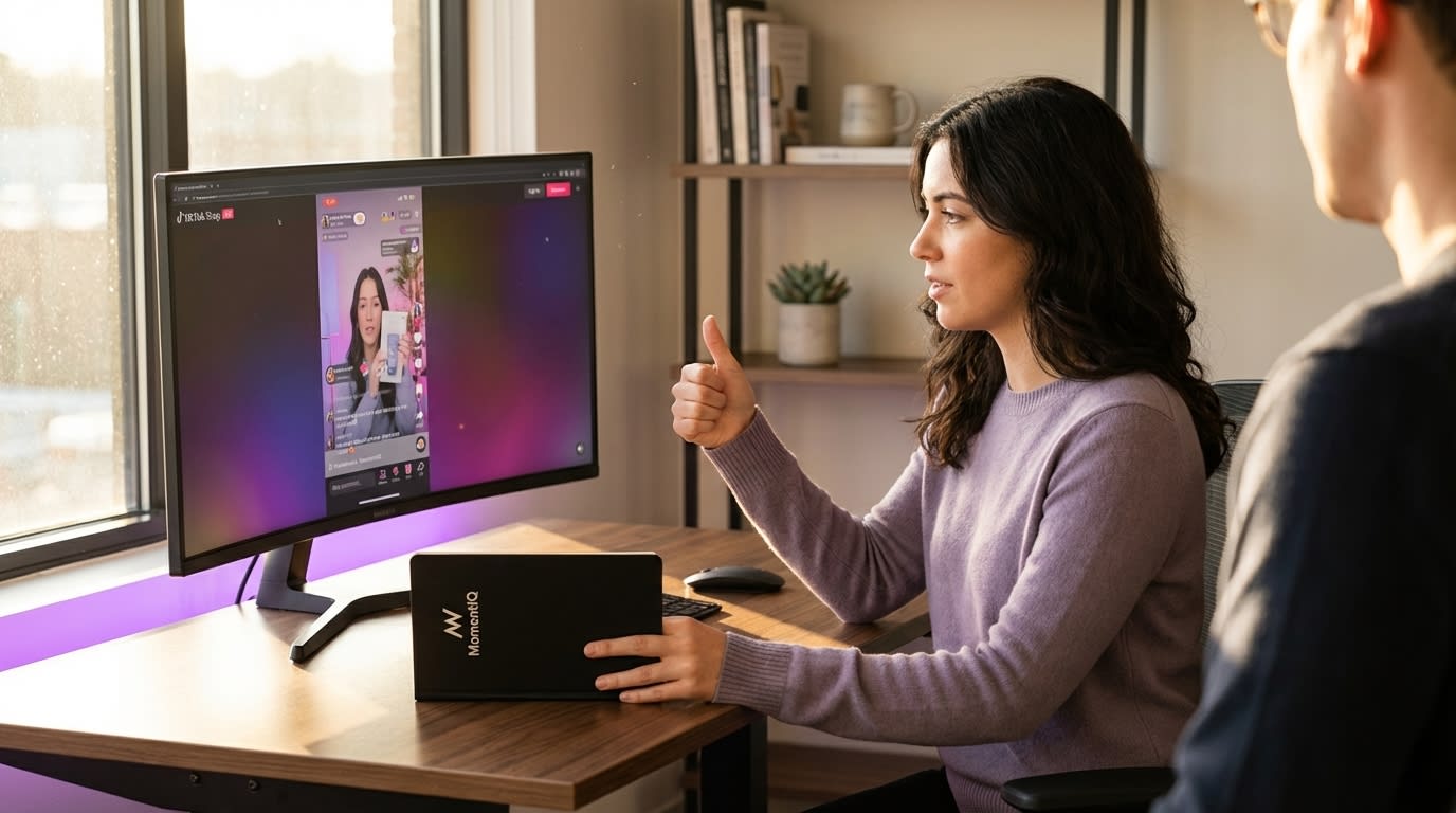 Brand manager giving a 'thumbs up' while reviewing a TikTok Shop live stream product claim.