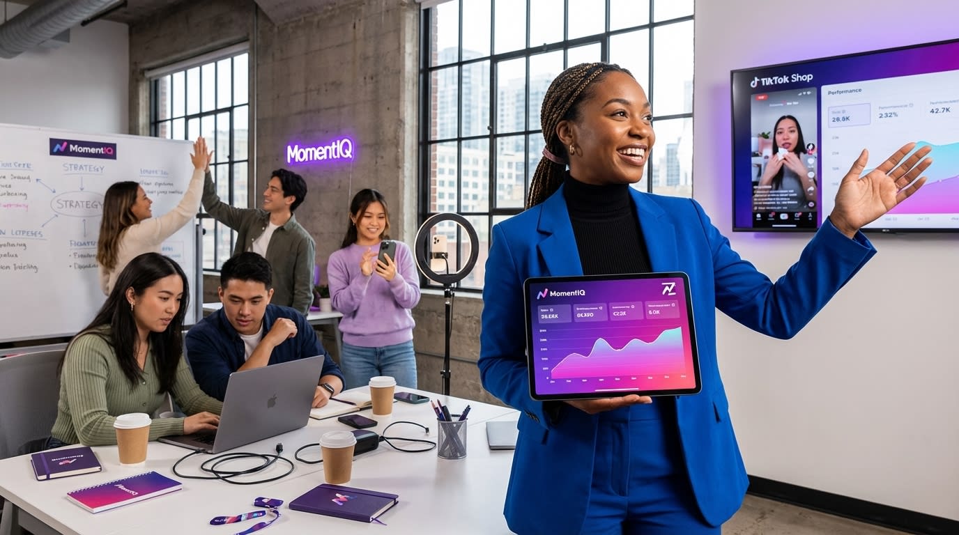 Brand founder confidently reviewing a TikTok Shop growth strategy on a tablet in a modern office.