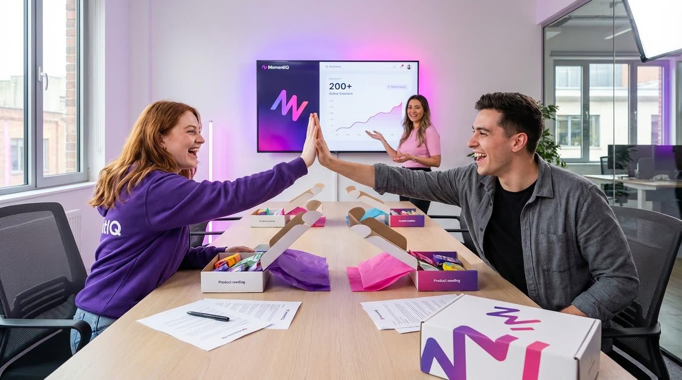 Brand team high-fiving while preparing TikTok Shop creator seeding packages in organized workspace