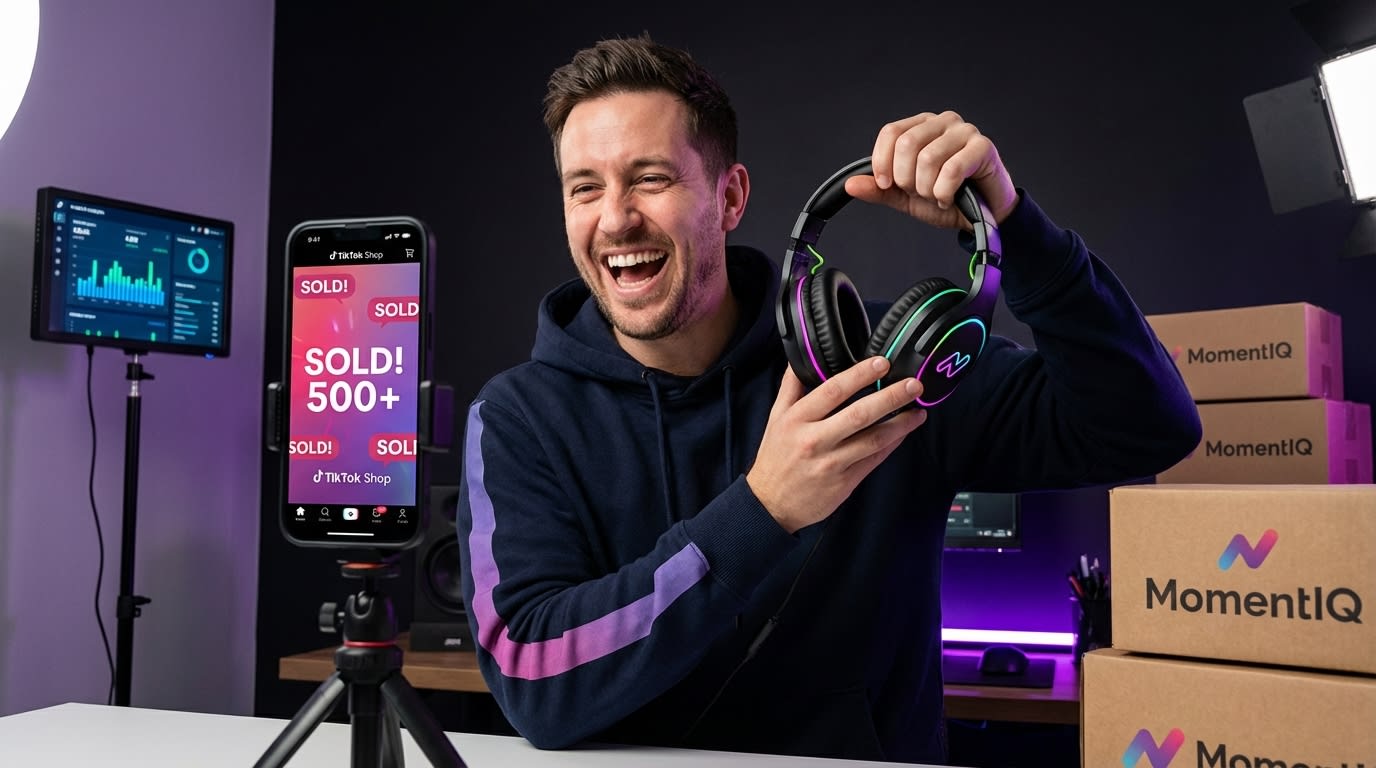 Charismatic creator demonstrating product on a live TikTok Shop stream with 'SOLD!' overlays.