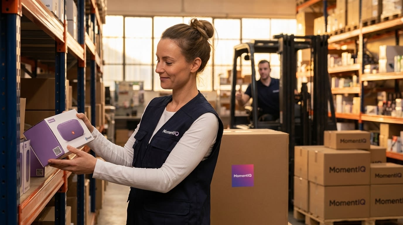 Cheerful warehouse worker organizing products with TikTok Shop QR codes, showcasing efficient fulfillment.