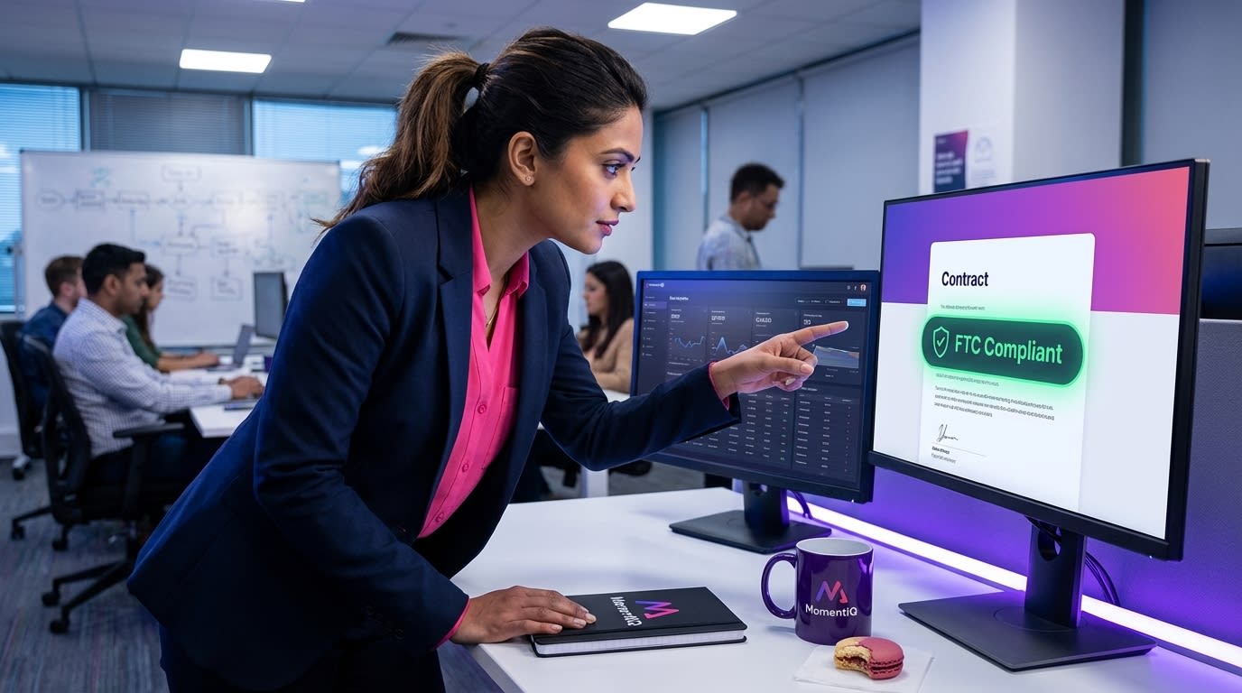 Confident brand compliance officer reviewing an 'FTC Compliant' digital contract for TikTok Shop.