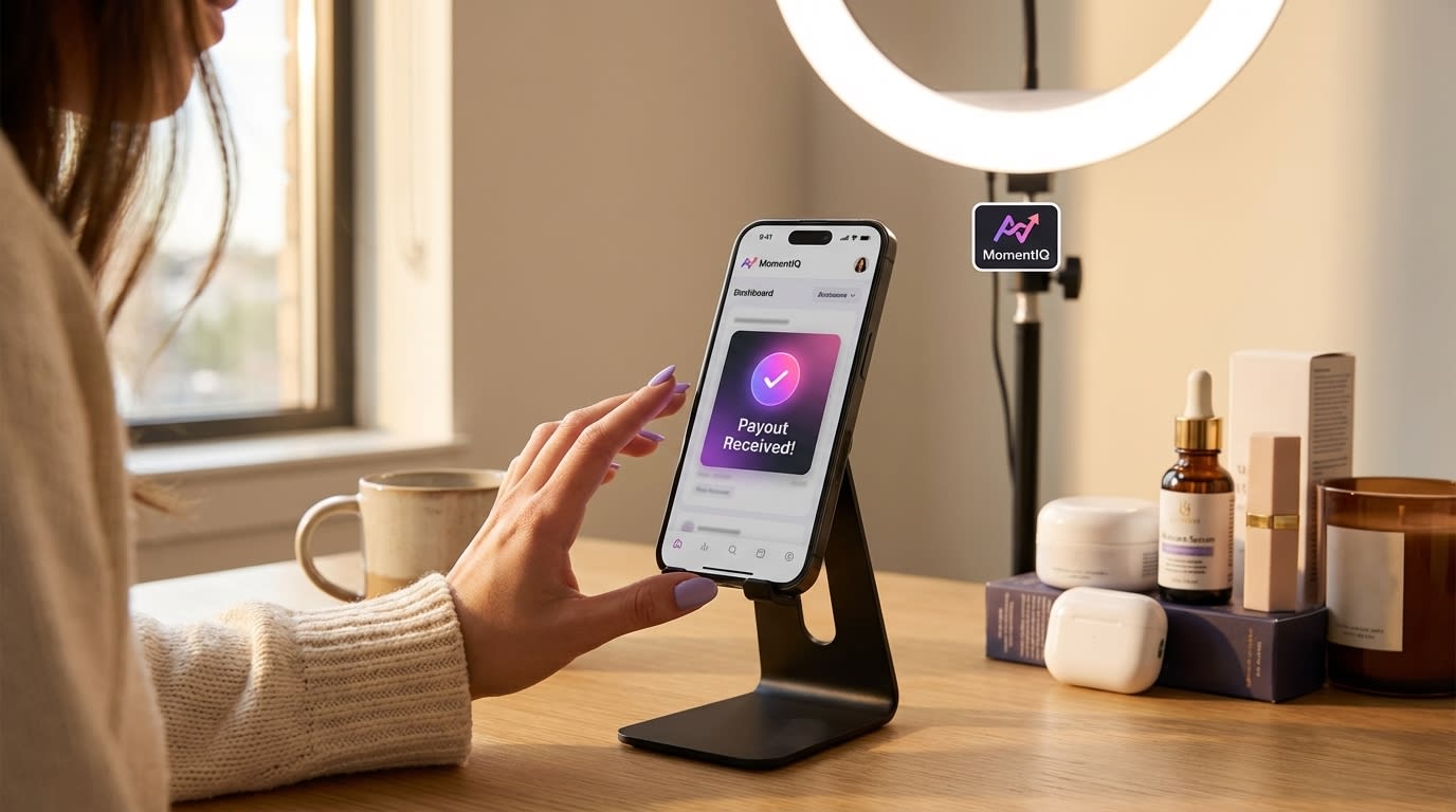 Creator's phone showing high TikTok Shop affiliate commission earnings and a payout notification.