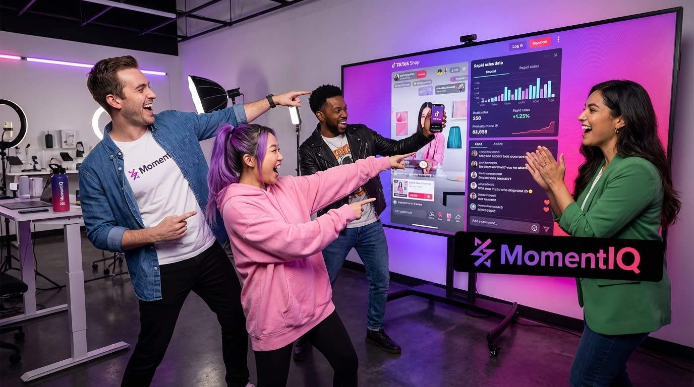 Diverse group of creators and brand reps happily watching a TikTok Shop live stream together.