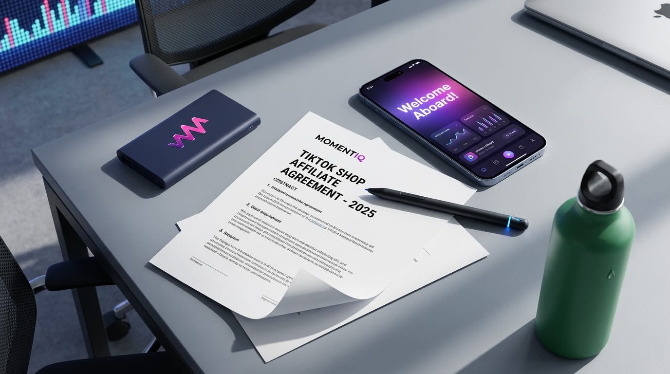 Flat lay of a professional TikTok Shop creator contract template, pen, and phone showing a welcome message.