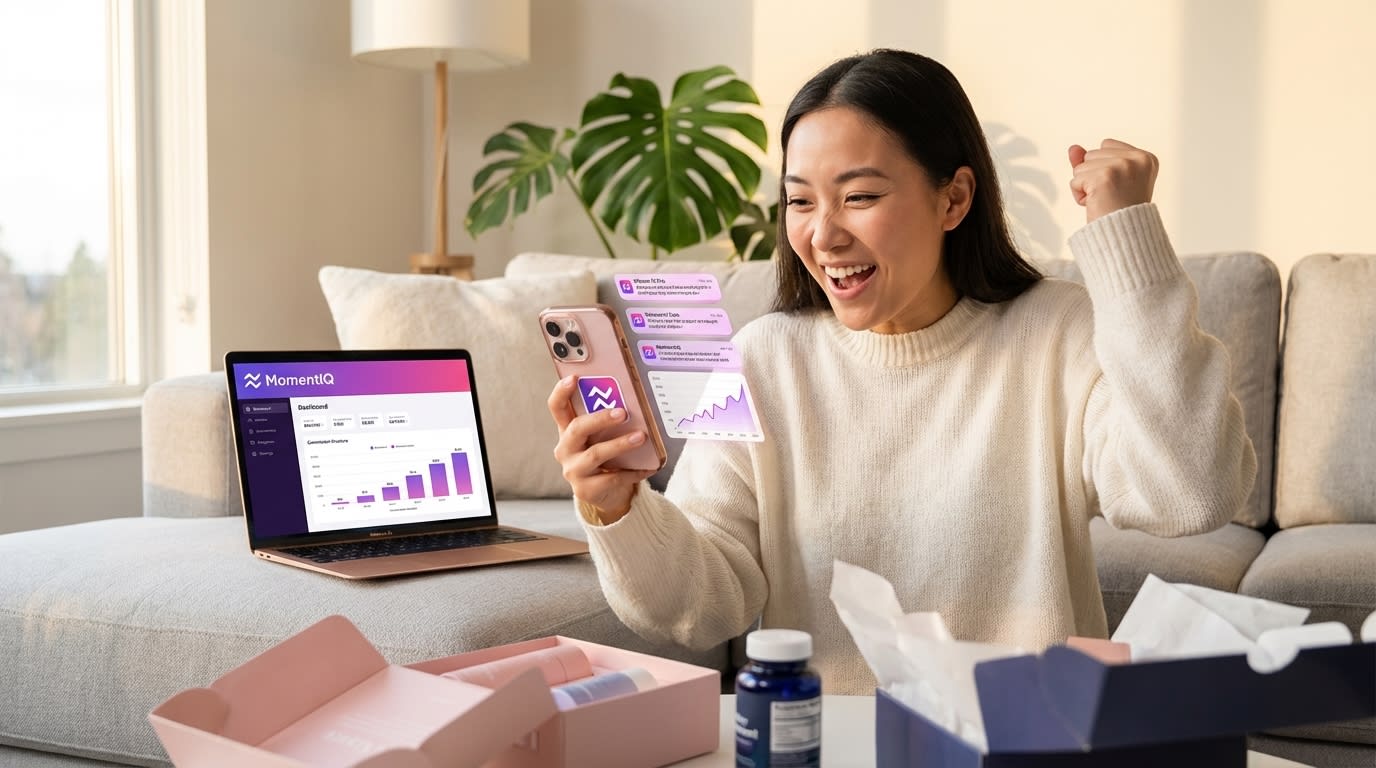Happy TikTok Shop creator celebrating affiliate commission earnings on phone with product boxes