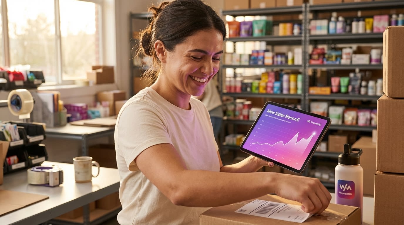 Happy warehouse worker stacking shipping labels as TikTok Shop sales spike on a tablet.